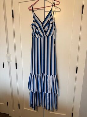 Banana Republic Blue, White and Black Striped V-Neck Maxi Dress